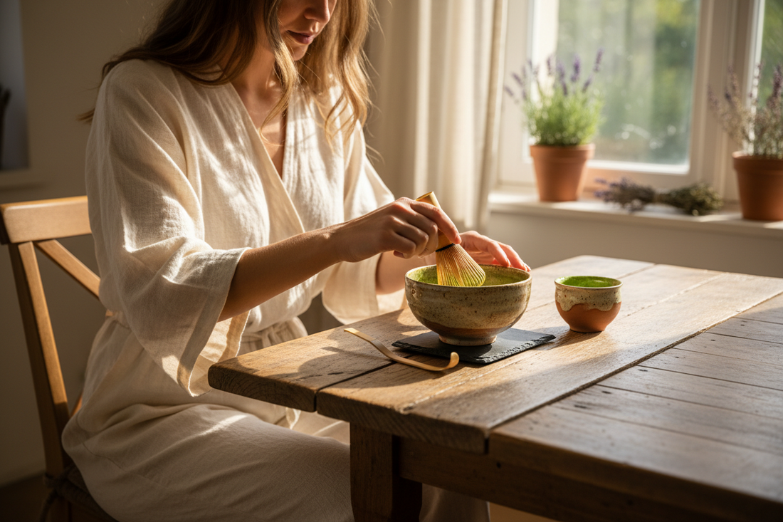 Jeune femme préparant un matcha traditionnel japonais avec un fouet en bambou dans un bol en céramique — Terassens Provence