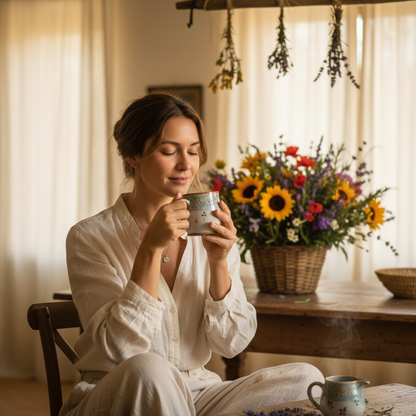 Femme buvant une tisane florale