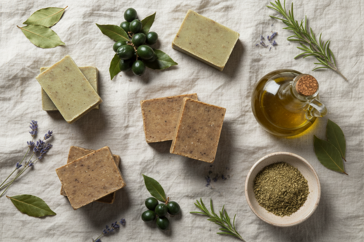Flat lay savon d'Alep artisanal