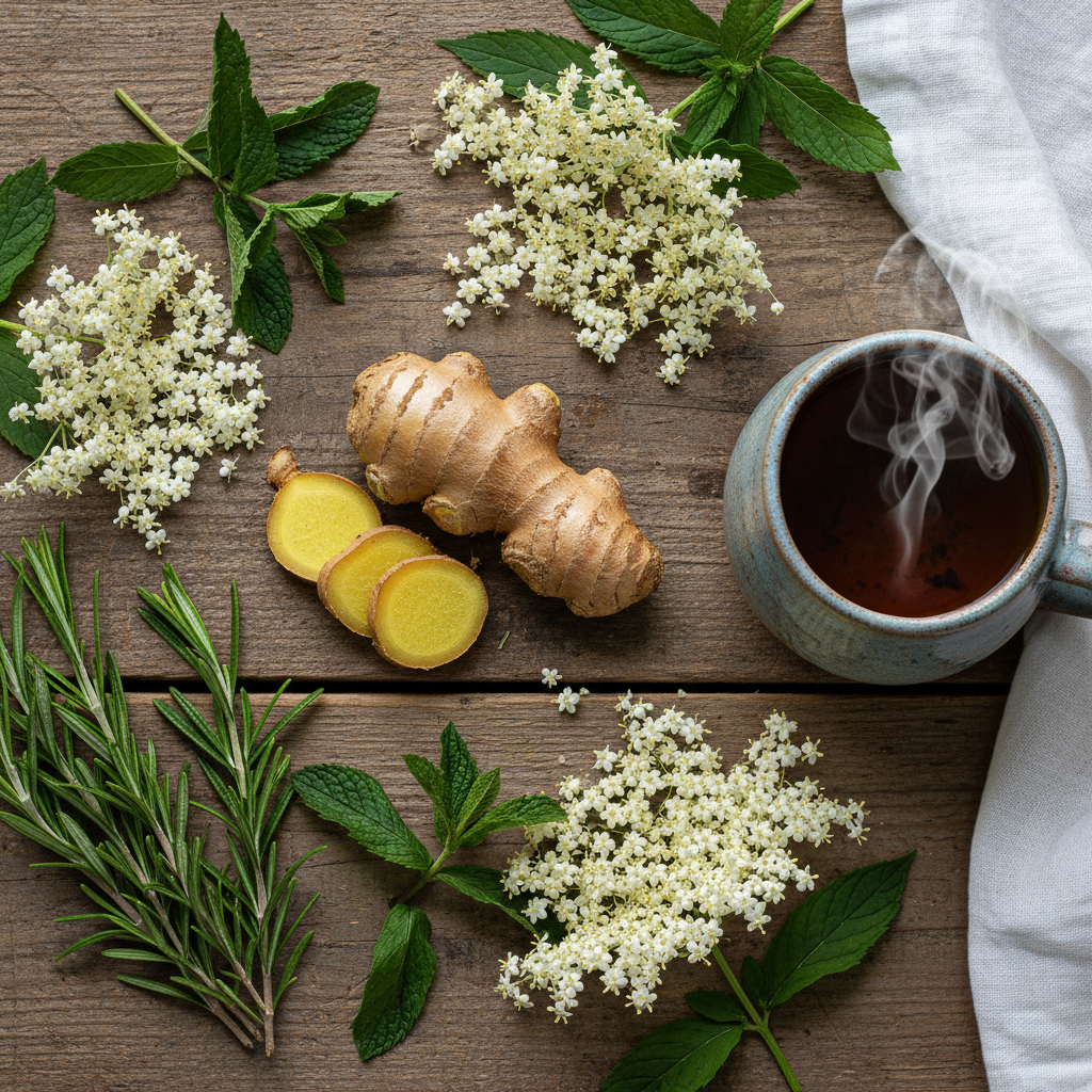 Gingembre, romarin, menthe poivrée et sureau avec une tasse de tisane fumante — Mon immuni'thé Terassens Provence