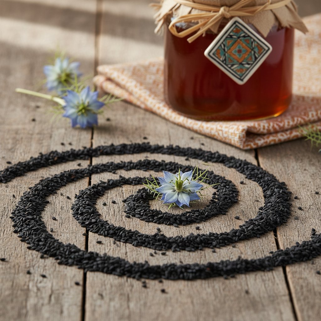 Miel de nigelle avec graines de nigelle